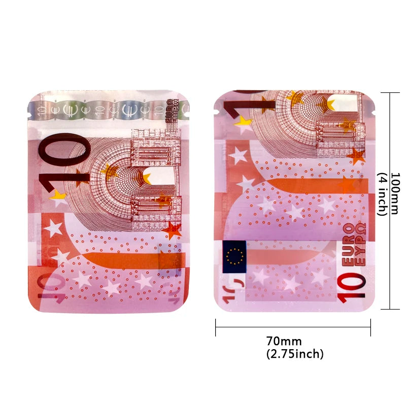 10€ 20€ 50€ 100€ 200€ 500€ Bills Paper Zip lock Bag Small Pouch With Clear Window 1-3.5G Mylar Small Bag Customized Design EURO