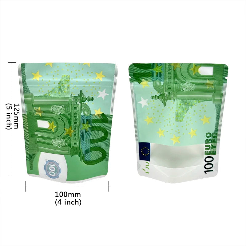 10€ 20€ 50€ 100€ 200€ 500€ Bills Paper Zip lock Bag Small Pouch With Clear Window 1-3.5G Mylar Small Bag Customized Design EURO