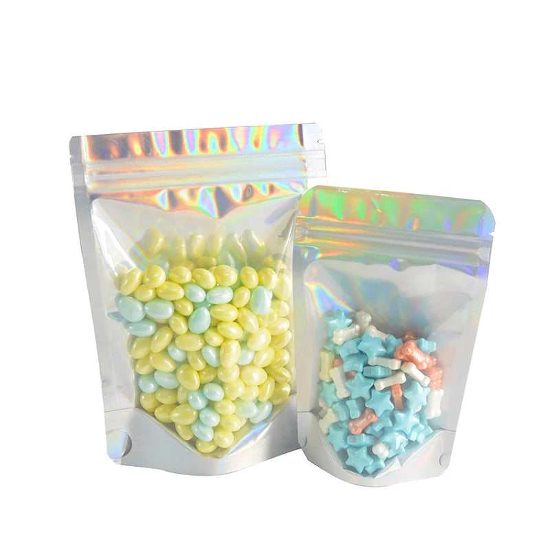 One Side Clear One Side Laser Rainbow PET Pouches Stand Up Zip lock Bags Food Storage  For Cosmetic Gorgeous Packaging 100 Pcs
