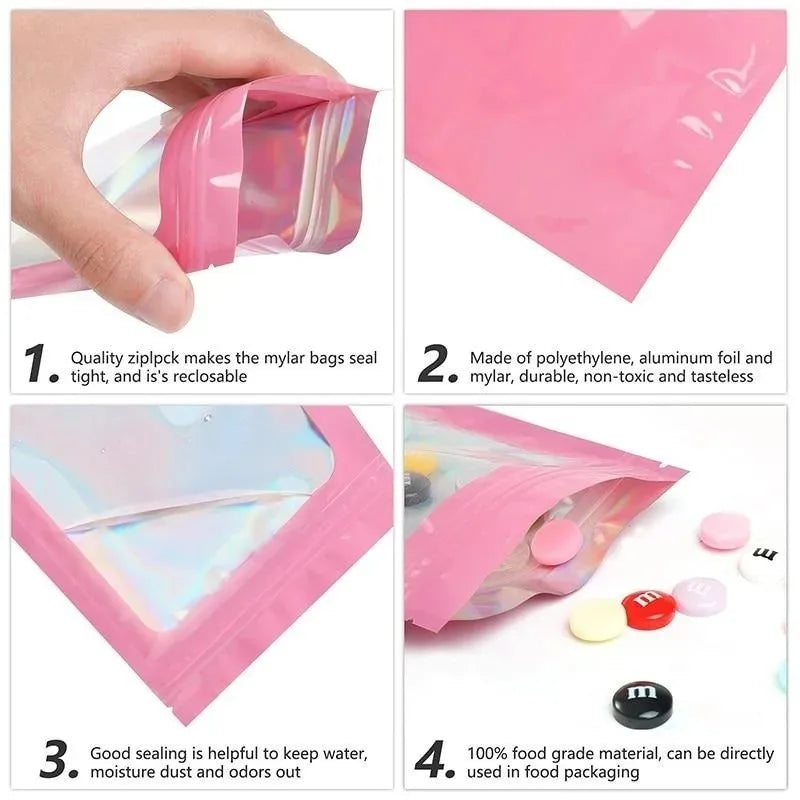 50Pcs Smell Proof Mylar Bags Resealable Odor Proof Bags Earrings Ring Jewelry Phone Case Cosmetic Storage Holographic Packaging