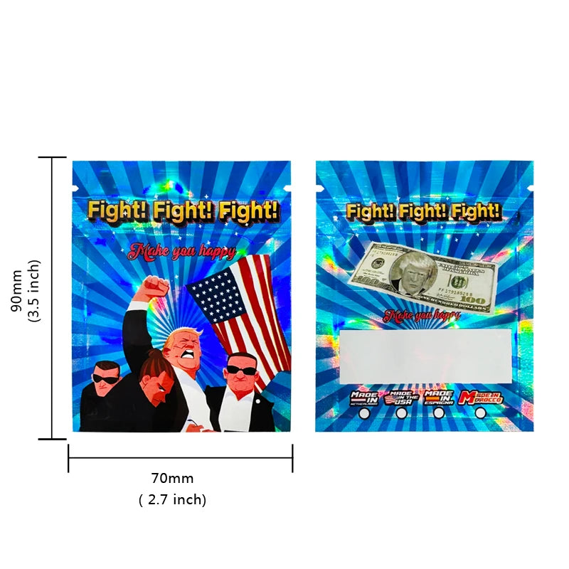 100pcs Mylar Bags Holographic 3.5g Zip lock Bag American Presidential Election Speech Trump Fight 2024 Party Use Bags