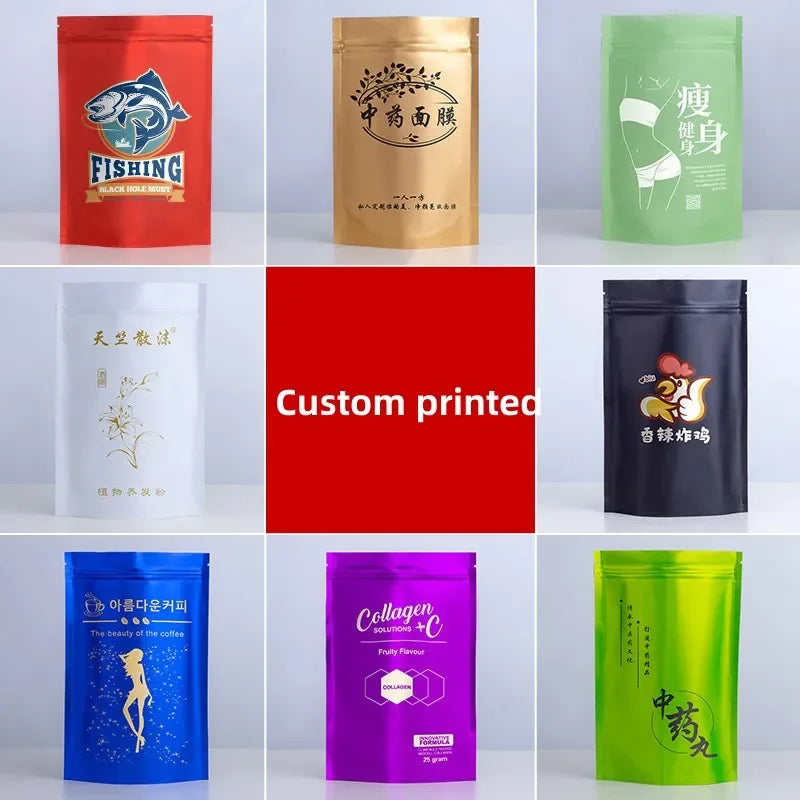 100pcs Heat Resistance Plastic Sealable Aluminum Foil Stand Up Food Goods Custom Tea Packaging Closure Mylar Storage Bags