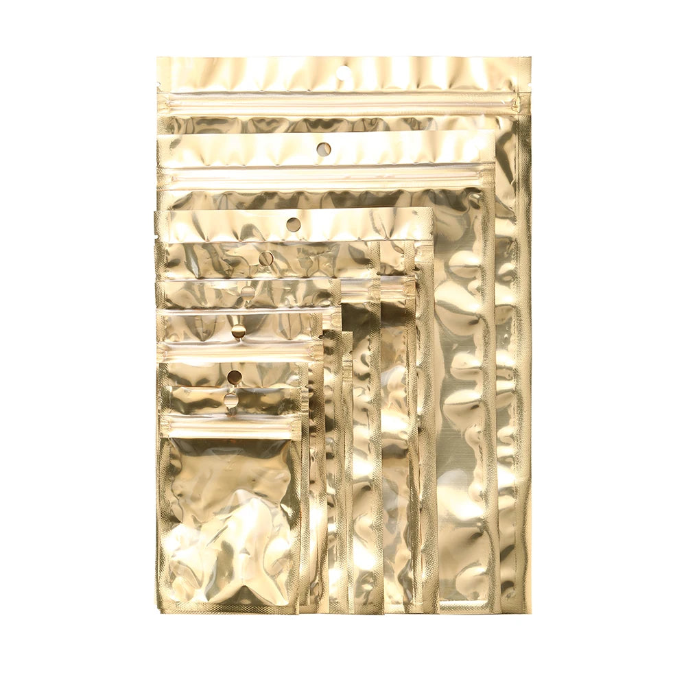 100pcs One Side Transparent Gold Aluminum Foil Zip Lock Bags - Food Grade Zipper Reusable Plastic Pouches Christmas Gift Package