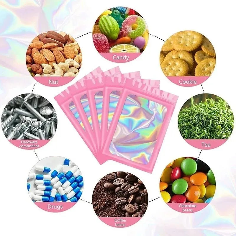 50Pcs Smell Proof Mylar Bags Resealable Odor Proof Bags Earrings Ring Jewelry Phone Case Cosmetic Storage Holographic Packaging