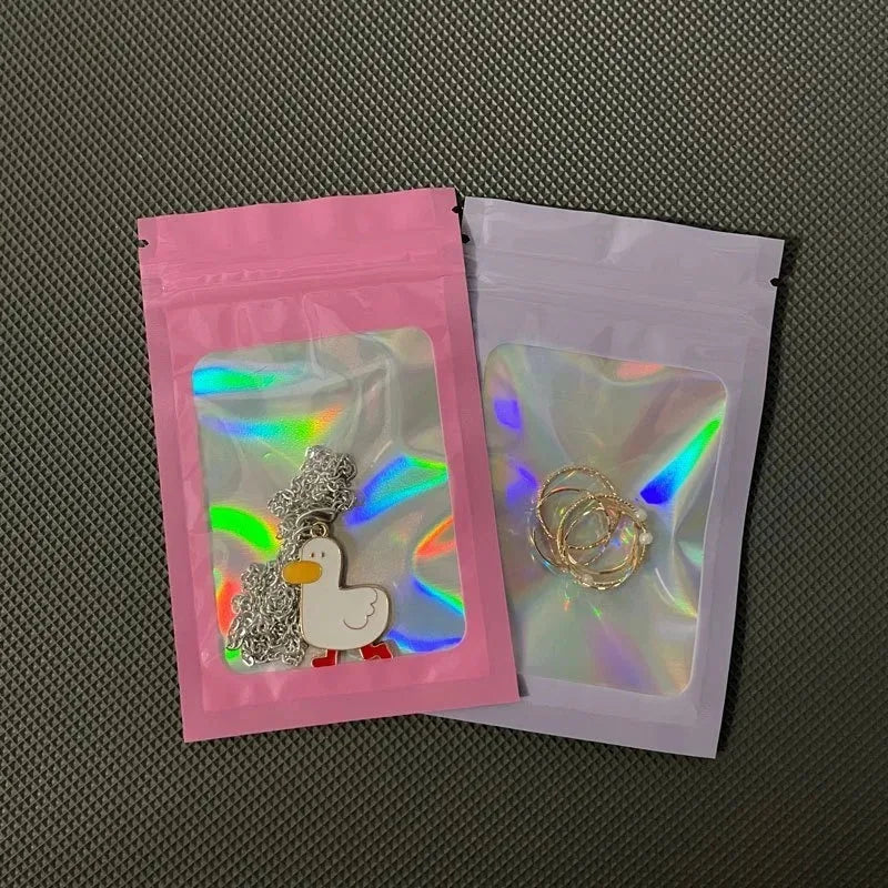 50Pcs Smell Proof Mylar Bags Resealable Odor Proof Bags Earrings Ring Jewelry Phone Case Cosmetic Storage Holographic Packaging