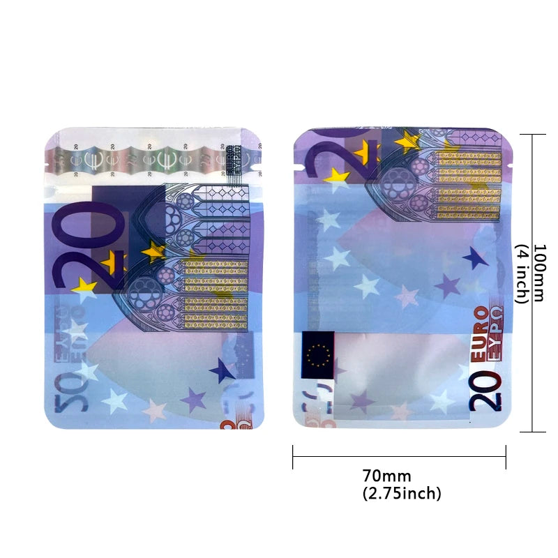 10€ 20€ 50€ 100€ 200€ 500€ Bills Paper Zip lock Bag Small Pouch With Clear Window 1-3.5G Mylar Small Bag Customized Design EURO