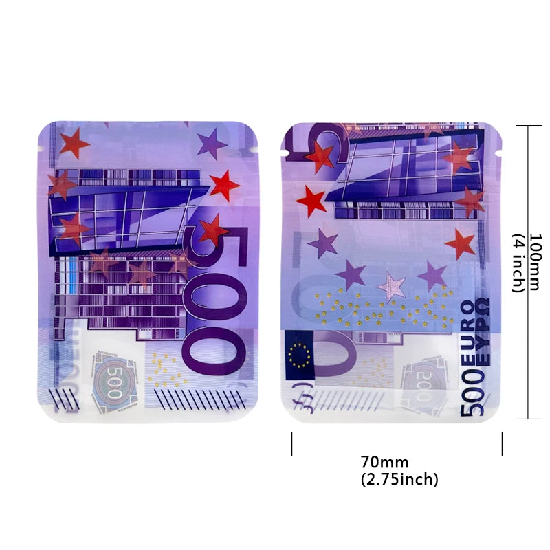 10€ 20€ 50€ 100€ 200€ 500€ Bills Paper Zip lock Bag Small Pouch With Clear Window 1-3.5G Mylar Small Bag Customized Design EURO