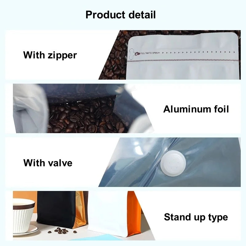 StoBag 50pcs Color Coffee Beans Bag Packaging with/No Valve Aluminum Foil Heat Sealing for Powder Nuts Storage Reusable Pouch