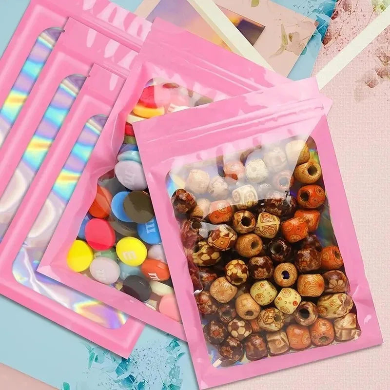 50Pcs Smell Proof Mylar Bags Resealable Odor Proof Bags Earrings Ring Jewelry Phone Case Cosmetic Storage Holographic Packaging
