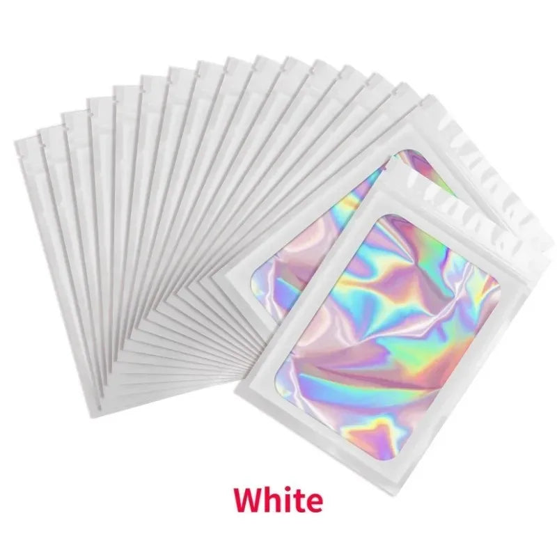 50Pcs Smell Proof Mylar Bags Resealable Odor Proof Bags Earrings Ring Jewelry Phone Case Cosmetic Storage Holographic Packaging