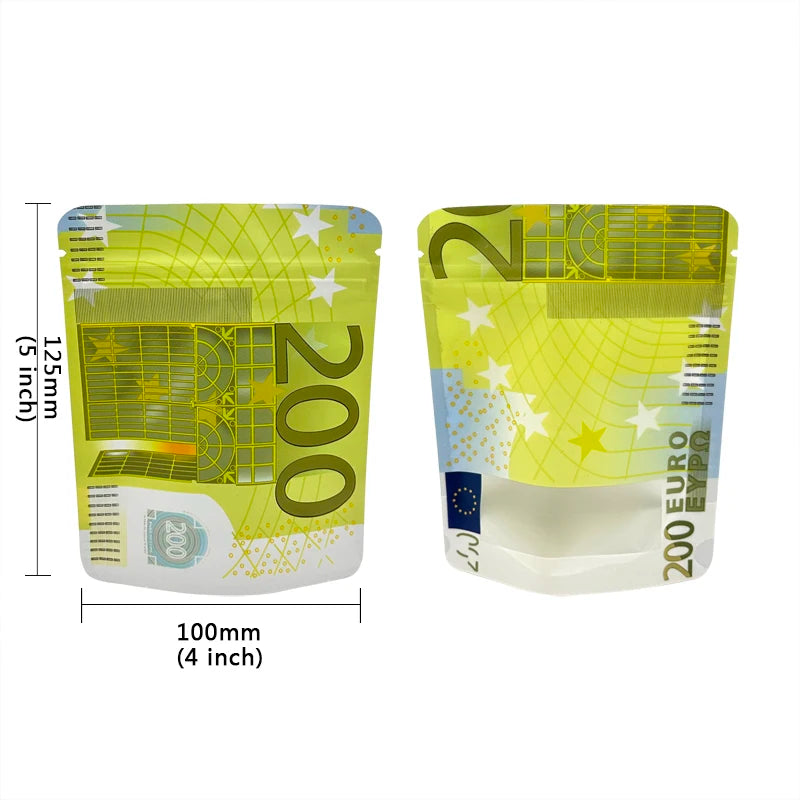 10€ 20€ 50€ 100€ 200€ 500€ Bills Paper Zip lock Bag Small Pouch With Clear Window 1-3.5G Mylar Small Bag Customized Design EURO