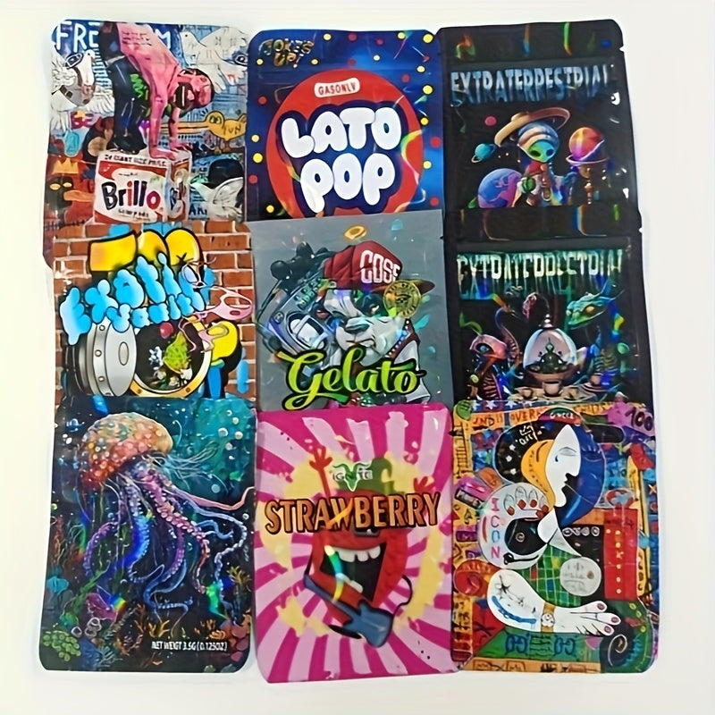 100pcs Polyester Film Bags - 3.5G Mylar Bags, Gift Bags, Storage Bags, Plastic Bags, Reusable Zip Bags, Suitable for Gift Wrapping, Candy Snack Storage, And Holiday Gift Packaging, Perfect for Events And Parties, Mixed with 10 Random Styles - D2
