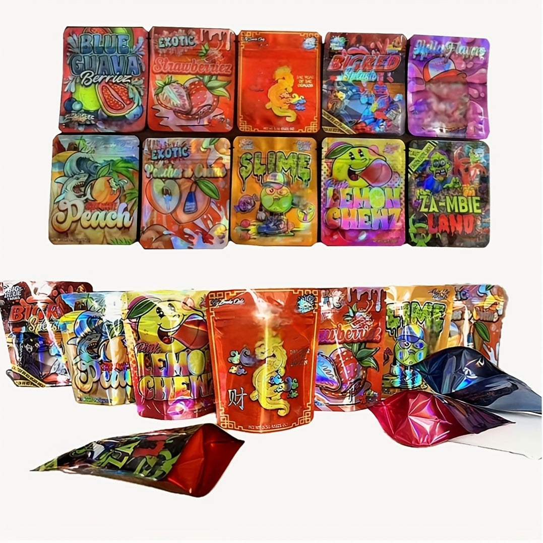 100pcs Reusable Mylar Bags - 3, 5g Polyester Zipper Storage Bags, Fade-Resistant & Sandproof, 10 Random Styles for Candy, Snacks, Party Favors, Gift Packaging & Event Supplies, Reusable Zipper Bags, Snack Storage, Festive Design, Durable Zipper Closure