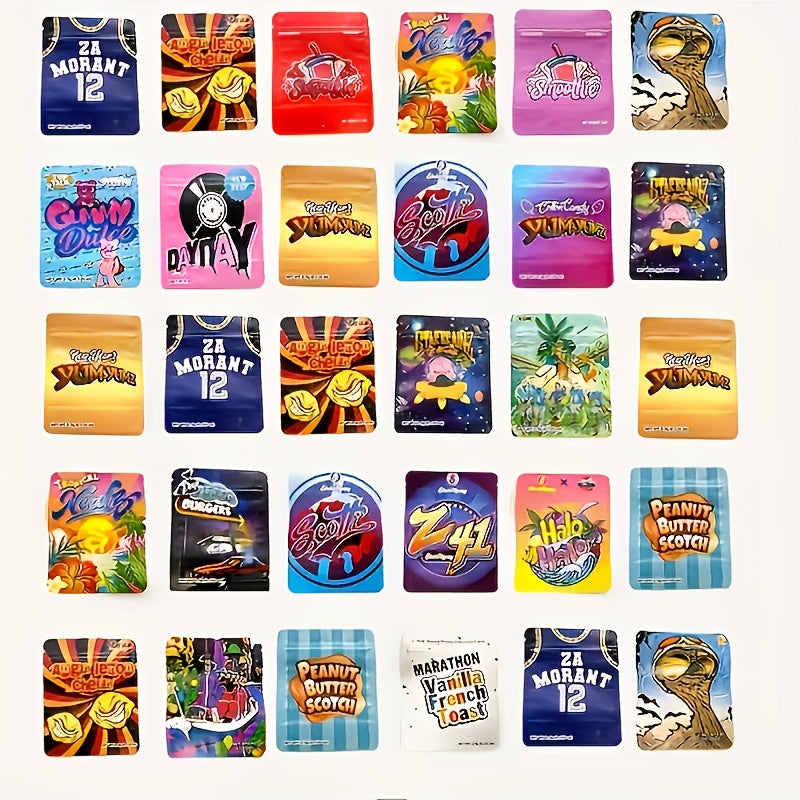 100pcs Polyester Film Bags -3.5g Mylar Bags, Reusable Packaging Bags, Gift Bags, Plastic Bags, Zipper Bags, Suitable for Gift Packaging, Candy And Snack Storage And Festival Gift Packaging, Very Suitable for Event Parties, 10 Random Styles Mixed -K11