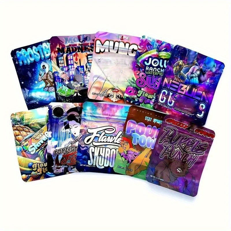 100pcs Reusable Mylar Bags - 3, 5g Polyester Zipper Storage Bags, Fade-Resistant & Sandproof, 10 Random Styles for Candy, Snacks, Party Favors, Gift Packaging & Event Supplies, Reusable Zipper Bags, Snack Storage, Festive Design, Durable Zipper Closure